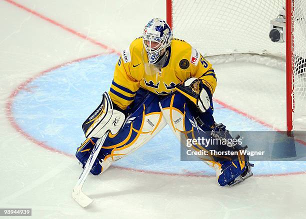 Goalkeeper Jonas Gustavsson looks on during the IIHF World Championship group C match between Czech Republic and France at SAP Arena on May 9, 2010...