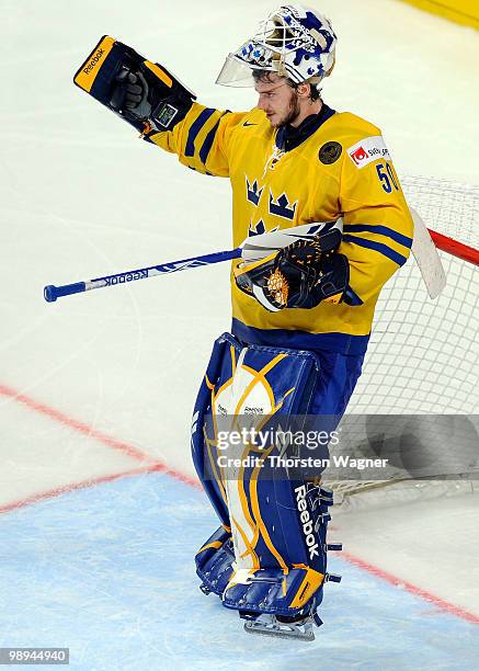 Goalkeeper Jonas Gustavsson looks on during the IIHF World Championship group C match between Czech Republic and France at SAP Arena on May 9, 2010...