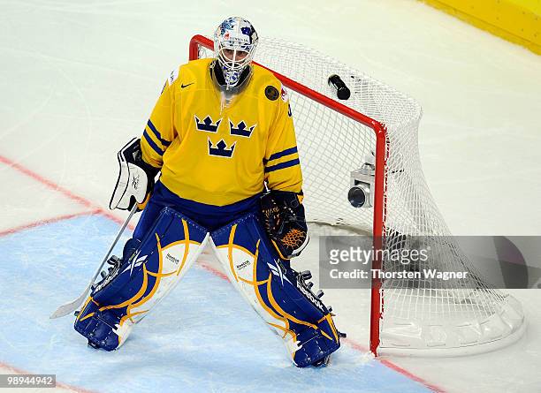 Goalkeeper Jonas Gustavsson looks on during the IIHF World Championship group C match between Czech Republic and France at SAP Arena on May 9, 2010...