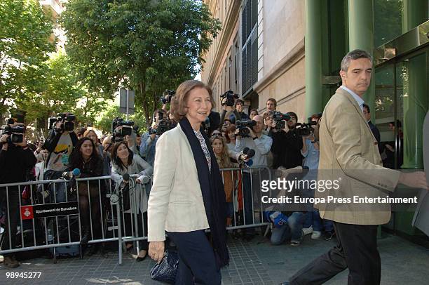 Queen Sofia of Spain visits King Juan Carlos I of Spain at the Hospital Clinic after he had an operation to remove a benign lump from his right lung...
