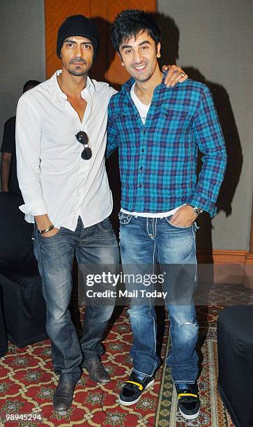 Arjun Rampal and Ranbir Kapoor at a promotional event for the film Rajneeti in Mumbai on May 8, 2010.