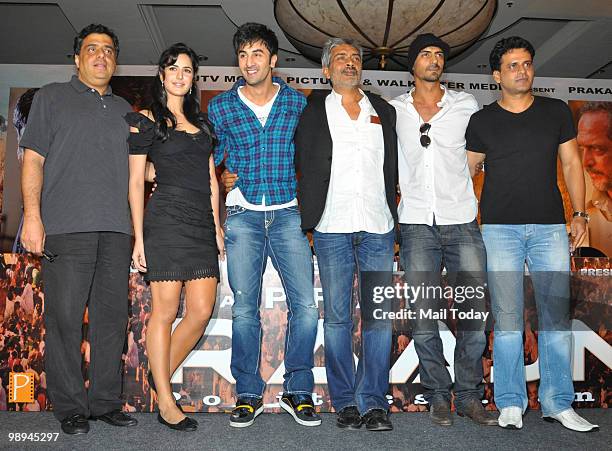 Ronnie Screwwala,Katrina Kaif,Ranbir Kapoor, Prakash Jha, Arjun Rampal and Manoj Bajpai at a promotional event for the film Rajneeti in Mumbai on May...