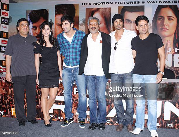Ronnie Screwwala,Katrina Kaif,Ranbir Kapoor, Prakash Jha, Arjun Rampal and Manoj Bajpai at a promotional event for the film Rajneeti in Mumbai on May...