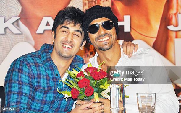 Ranbir Kapoor and Arjun Rampal at a promotional event for the film Rajneeti in Mumbai on May 8, 2010.