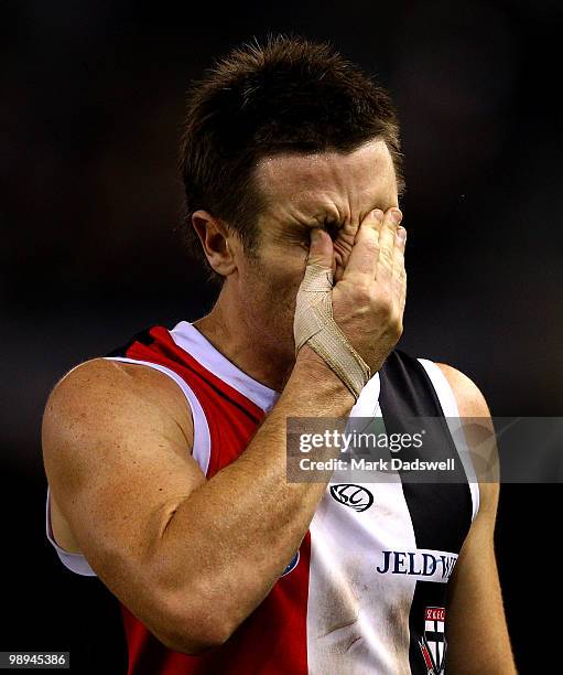 Stephen Milne of the Saints looks dejected after his team lost the round seven AFL match between the St Kilda Saints and the Carlton Blues at Etihad...