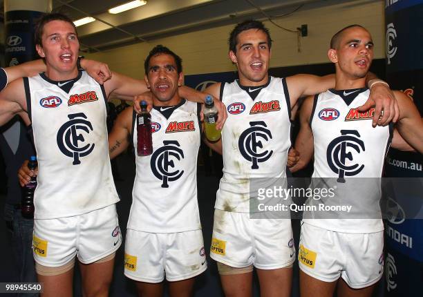 Ryan Houlihan, Eddie Betts, Kane Lucas and Jeff Garlett of the Blues sing the song in the rooms after winning the round seven AFL match between the...