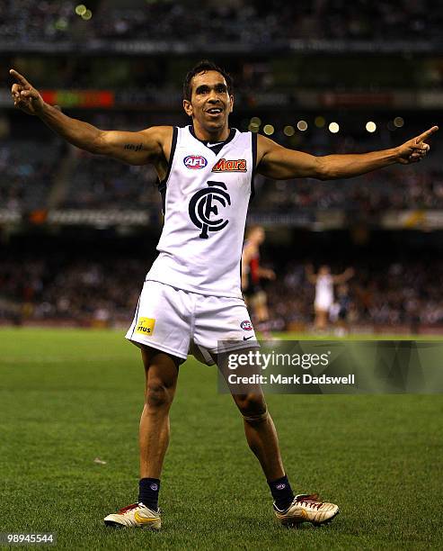 Eddie Betts of the Blues celebrates a goal during the round seven AFL match between the St Kilda Saints and the Carlton Blues at Etihad Stadium on...