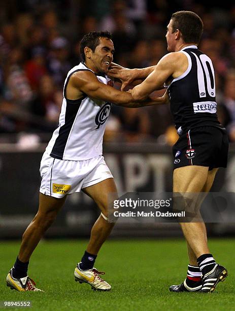 Eddie Betts of the Blues wrestles with Steven Baker of the Saints during the round seven AFL match between the St Kilda Saints and the Carlton Blues...