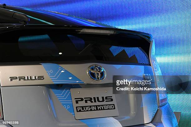 Toyota Motor Corportation's Prius plug-in hybrid concept car sits on display during the joint press conference at TMC's headquarters on May 10, 2010...