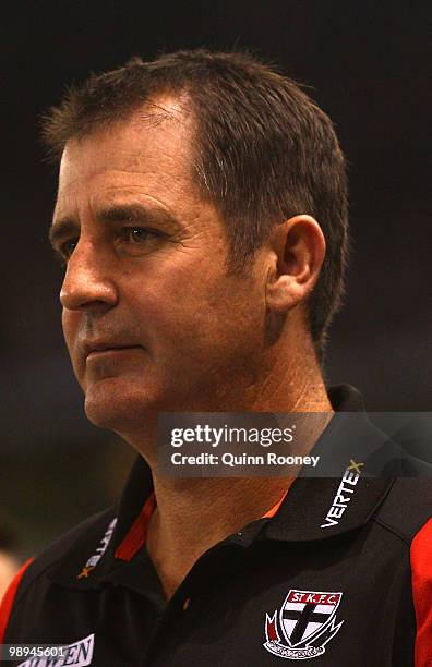 Ross Lyon the coach of the Saints looks on during the round seven AFL match between the St Kilda Saints and the Carlton Blues at Etihad Stadium on...