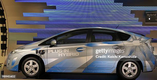 Toyota Motor Corporation's Prius plug-in hybrid concept car sits on display during the joint press conference at TMC's headquarters on May 10, 2010...