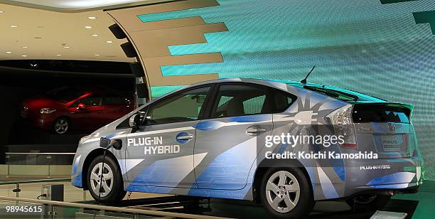 Toyota Motor Corporation's Prius plug-in hybrid concept car sits on display during the joint press conference at TMC's headquarters on May 10, 2010...