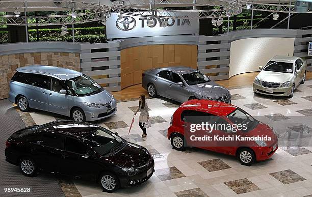 Toyota Motor Corporation's new vehicles sit on display during the joint press conference at TMC's headquarters on May 10, 2010 in Toyota, Japan.