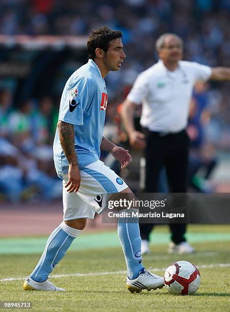 Ezequiel Lavezzi of SSC Napoli runs with the ball during the Serie A match between SSC Napoli and Atalanta BC at Stadio San Paolo on May 9, 2010 in...