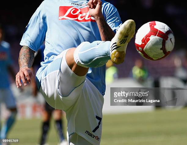 Ezequiel Lavezzi of SSC Napoli in action during the Serie A match between SSC Napoli and Atalanta BC at Stadio San Paolo on May 9, 2010 in Naples,...