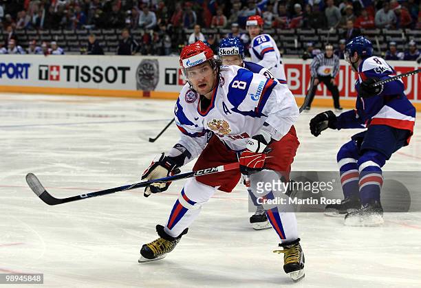 Alexander Ovechkin of Russia skates during the IIHF World Championship group A match between Slovakia and Russia at Lanxess Arena on May 9, 2010 in...