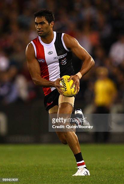 Raphael Clarke of the Saints kicks during the round seven AFL match between the St Kilda Saints and the Carlton Blues at Etihad Stadium on May 10,...