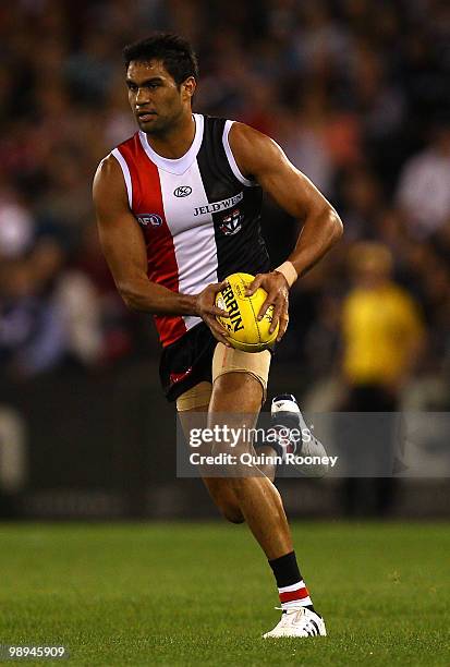 Raphael Clarke of the Saints kicks during the round seven AFL match between the St Kilda Saints and the Carlton Blues at Etihad Stadium on May 10,...