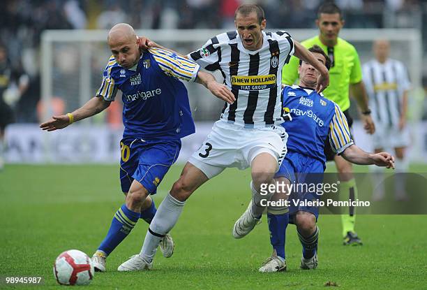 Giorgio Chiellini of Juventus FC competes for the ball with Francesco Valiani and Alessandro Lucarelli of Parma FC during the Serie A match between...