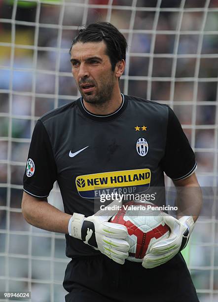 Gianluigi Buffon of Juventus FC looks on during the Serie A match between Juventus FC and Parma FC at Stadio Olimpico di Torino on May 9, 2010 in...