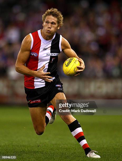 Sam Gilbert of the Saints gathers the ball during the round seven AFL match between the St Kilda Saints and the Carlton Blues at Etihad Stadium on...