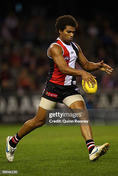 James Gwilt of the Saints kicks during the round seven AFL match between the St Kilda Saints and the Carlton Blues at Etihad Stadium on May 10, 2010...