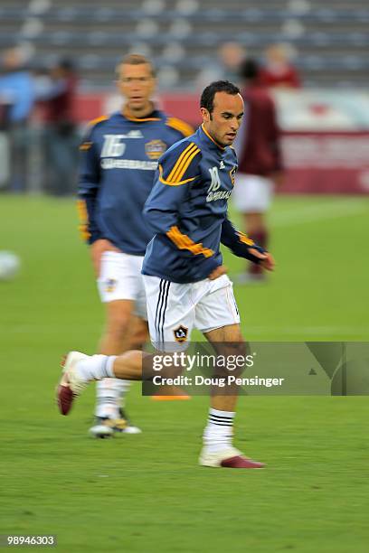 Landon Donovan of the Los Angeles Galaxy warms up prior to facing the Colorado Rapids at Dick's Sporting Goods Park on May 5, 2010 in Commerce City,...