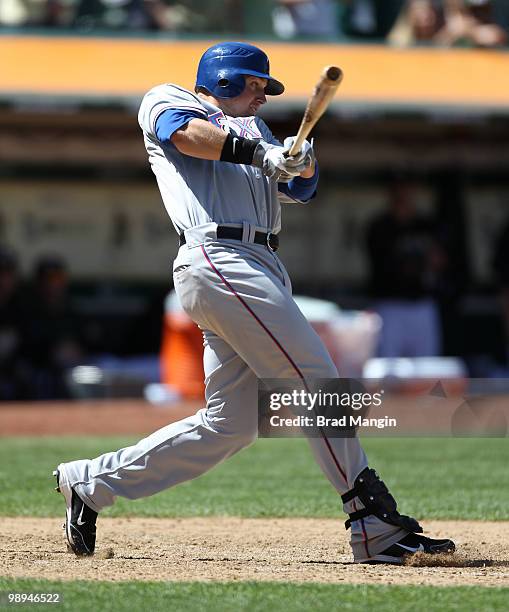 Justin Smoak of the Texas Rangers bats during the game between the Texas Rangers and the Oakland Athletics on Wednesday, May 5 at the Oakland...