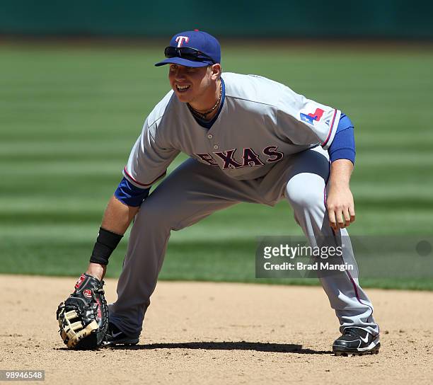 Justin Smoak of the Texas Rangers plays defense at first base during the game between the Texas Rangers and the Oakland Athletics on Wednesday, May 5...