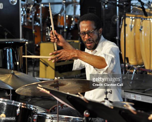 Brian Blade performs with the Fellowship Band in the Jazz Tent on day six of New Orleans Jazz & Heritage Festival on May 1, 2010 in New Orleans,...