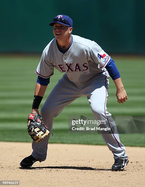 Justin Smoak of the Texas Rangers plays defense at first base during the game between the Texas Rangers and the Oakland Athletics on Wednesday, May 5...