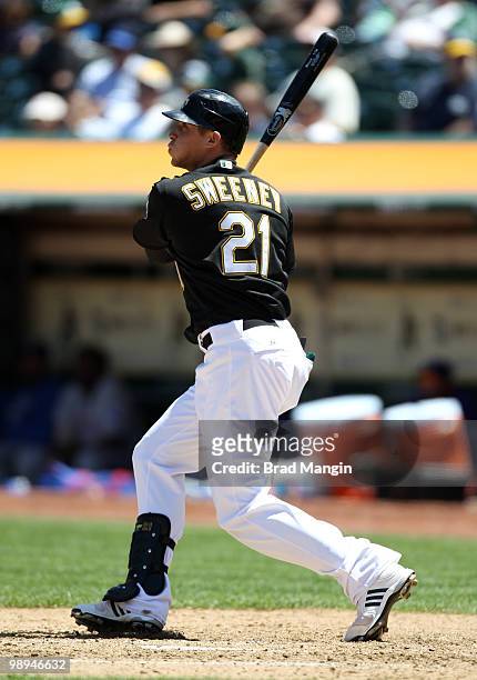 Ryan Sweeney of the Oakland Athletics bats during the game between the Texas Rangers and the Oakland Athletics on Wednesday, May 5 at the Oakland...