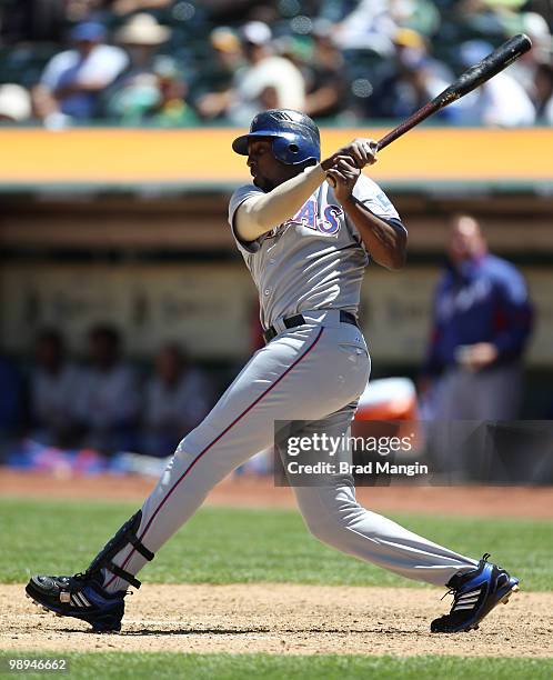 Vladimir Guerrero of the Texas Rangers bats during the game between the Texas Rangers and the Oakland Athletics on Wednesday, May 5 at the Oakland...