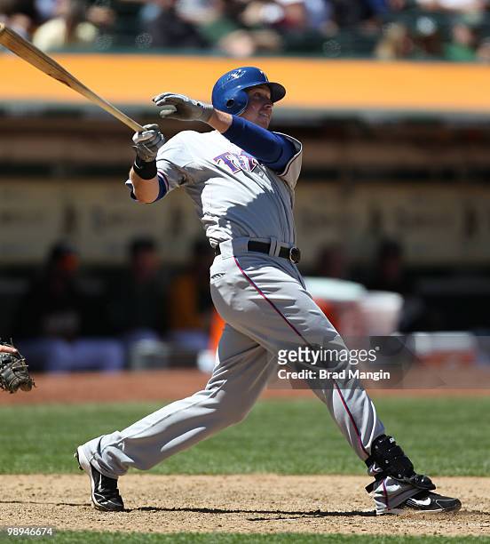 Justin Smoak of the Texas Rangers bats during the game between the Texas Rangers and the Oakland Athletics on Wednesday, May 5 at the Oakland...