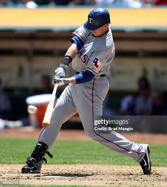 Justin Smoak of the Texas Rangers bats during the game between the Texas Rangers and the Oakland Athletics on Wednesday, May 5 at the Oakland...