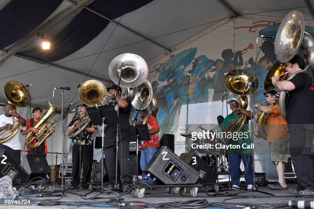 Kirk Joseph performs with Tuba Tuba at the Jazz & Heritage Stage on day two of New Orleans Jazz & Heritage Festival on April 24, 2010 in New Orleans,...