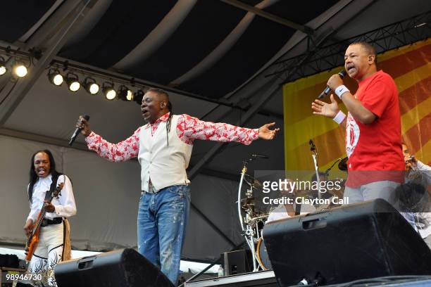 Verdine White, Phillip Bailey and Ralph Johnson perform with Earth, Wind & Fire at the Acura Stage on day five of New Orleans Jazz & Heritage...