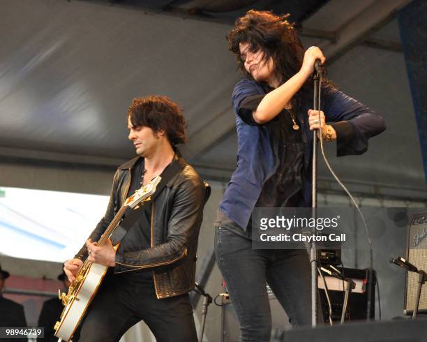 Dean Fertita and Alison Mosshart perform with The Dead Weather at the Gentilly Stage on day seven of New Orleans Jazz & Heritage Festival on May 2,...