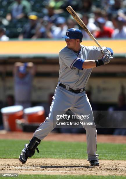 Justin Smoak of the Texas Rangers bats during the game between the Texas Rangers and the Oakland Athletics on Wednesday, May 5 at the Oakland...