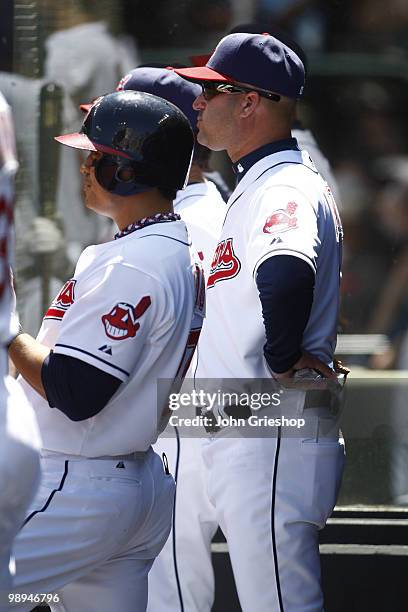 Manager Manny Acta of the Cleveland Indians watches his team during the game between the Toronto Blue Jays and the Cleveland Indians on Wednesday,...