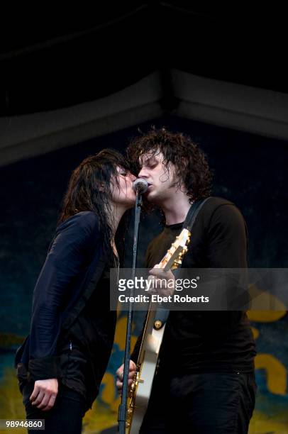 Alison Mosshart and Jack White of The Dead Weather performing at the New Orleans Jazz & Heritage Festival on May 2, 2010 in New Orleans, Louisiana.