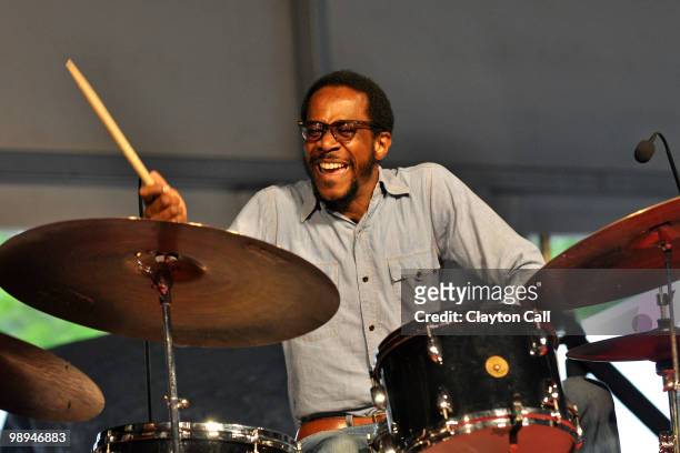 Brian Blade performs with Wayne Shorter in the Jazz Tent on day seven of New Orleans Jazz & Heritage Festival on May 2, 2010 in New Orleans,...