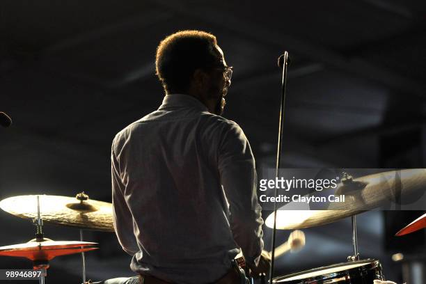 Brian Blade performs with Wayne Shorter in the Jazz Tent on day seven of New Orleans Jazz & Heritage Festival on May 2, 2010 in New Orleans,...
