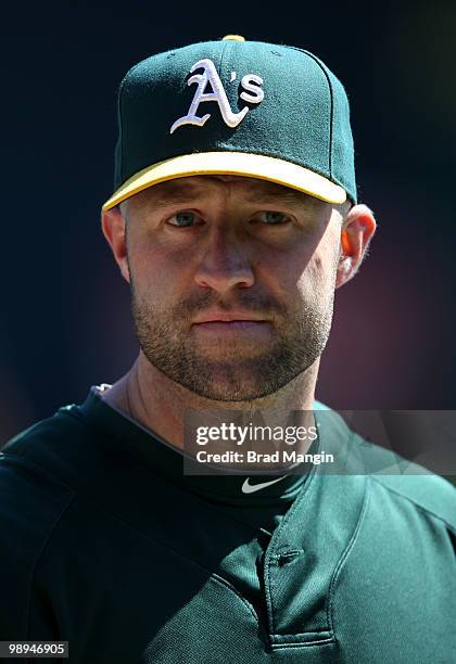 Kevin Kouzmanoff of the Oakland Athletics takes batting practice before the game between the Texas Rangers and the Oakland Athletics on Wednesday,...