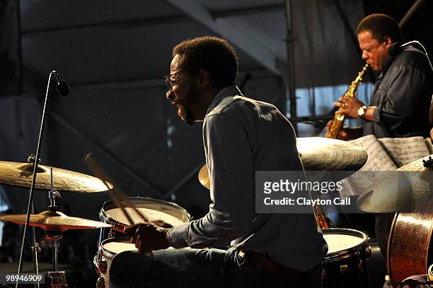 Brian Blade and Wayne Shorter perform in the Jazz Tent on day seven of New Orleans Jazz & Heritage Festival on May 2, 2010 in New Orleans, Louisiana.