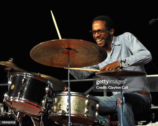 Brian Blade performs with Wayne Shorter in the Jazz Tent on day seven of New Orleans Jazz & Heritage Festival on May 2, 2010 in New Orleans,...