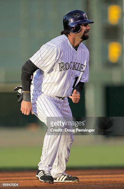 Todd Helton of the Colorado Rockies leads off of second base against the New York Mets during Major League Baseball action at Coors Field on April...