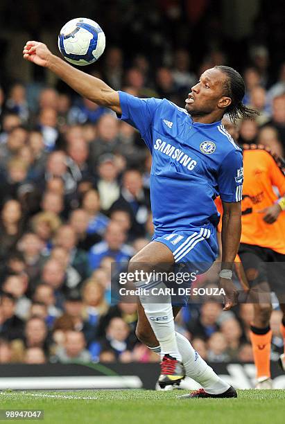 Chelsea's Ivorian striker Didier Drogba in action during the English Premier League football match between Chelsea and Wigan Athletic at Stamford...