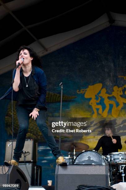 Alison Mosshart and Jack White of The Dead Weather performing at the New Orleans Jazz & Heritage Festival on May 2, 2010 in New Orleans, Louisiana.