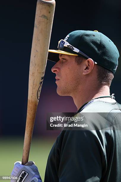 Ryan Sweeney of the Oakland Athletics takes batting practice before the game between the Texas Rangers and the Oakland Athletics on Wednesday, May 5...